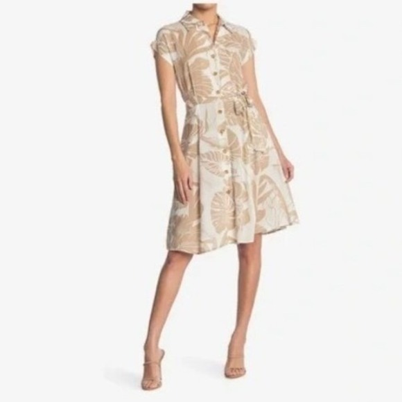 Calving Klein tan white floral mid length belted rayon dress short sleeve size 8 - Picture 1 of 7